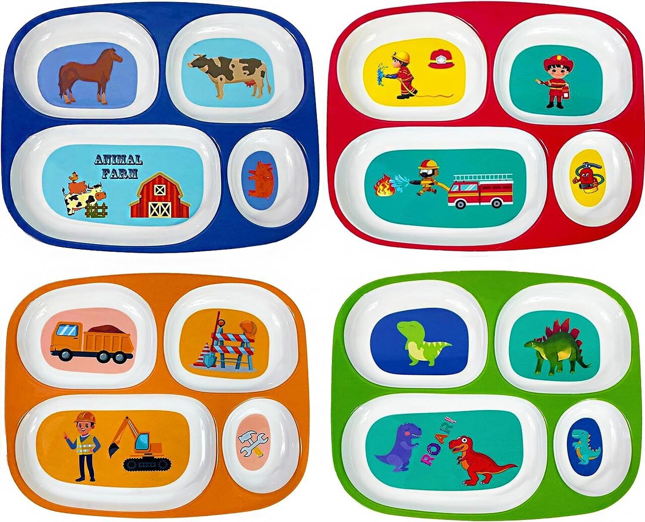4E’s Novelty Kids Melamine Dinner Plates Set of 4 – Divided Plates for Picky Eaters, BPA-Free, Shatterproof, Toddler Mealtime Essentials for Boys